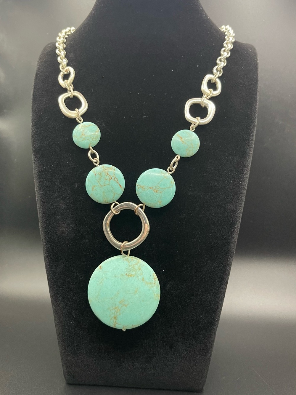 Pristine Vtg Etienne Aigner Turquoise Silver-tone Statement Necklace 24”  2” ext